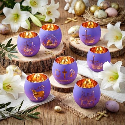 FoldTier 6 Pcs Easter Candle Holders He is Risen Tealight Votive Candle Holder for Table Centerpiece Christian Religious Glass Tealight Votive Easter Tabletop Decor for Home Altar Decoration - style: Easter