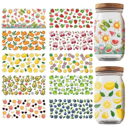 10 Sheets UV DTF Cup Wraps, 10 Styles Fruits Transfer Stickers Cartoon Skull Rub on Decals Purple Waterproof Transfer Stickers for Glass Cups Wood Crafts - style: Fruits