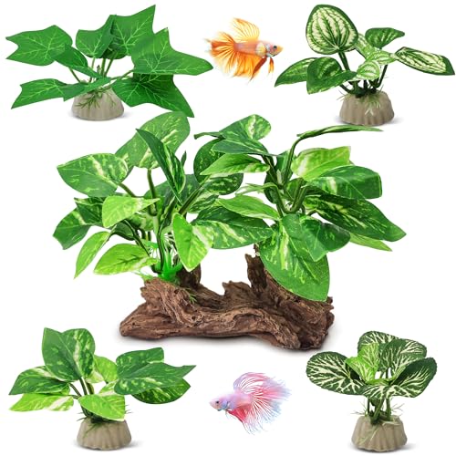 GOZILLA Silk Fish Tank Plants,Reptile Artificial Plant,Reptile Plants for Terrarium,Aquarium Decorations Accessories Set,Resin Driftwood Silk Aquarium Plant for Fish Tank.(5PCS/A-Set) - color: 5pcs/A-set