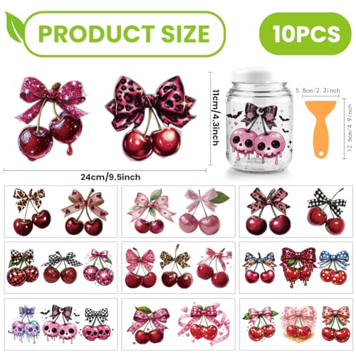 arricraft 10 Sheets Fruit Theme UV DTF Cup Wrap for 16OZ Glass, Bow Cherry Rub on Decals PVC Transfer Stickers for DIY Cups Window Home Printing Decoration 24x11cm/9.4x4.3inch - style: Bow Cherry Theme