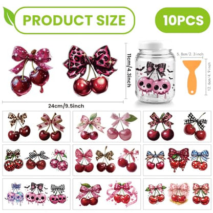 arricraft 10 Sheets Fruit Theme UV DTF Cup Wrap for 16OZ Glass, Bow Cherry Rub on Decals PVC Transfer Stickers for DIY Cups Window Home Printing Decoration 24x11cm/9.4x4.3inch - style: Bow Cherry Theme