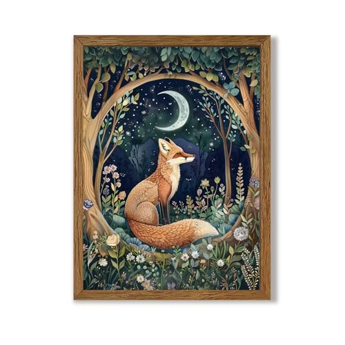 Urmoya Framed Fox and Moon Decor Whimsical Forest Animal Wall Art 12x16 in - color: Fox, size: 16"L x 12"W