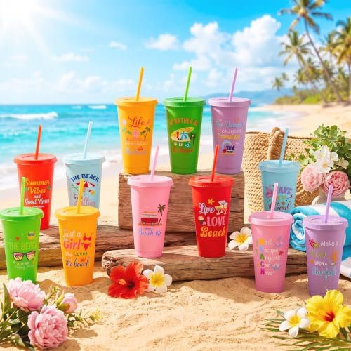 Chuangdi 12 Pcs Summer Beach Party Decoration Cups 24 oz Reusable Tumbler with Lids and Straws Plastic Drinking Cup for Beach Themed Party Favors Hawaiian Tropical Luau Pool Birthday Gifts - style: Beach Theme