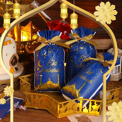 72 Pcs Eid Mubarak Gift Bags Plastic Treat Bags Drawstring Bags Eid Candy Goodie Bags Castle Moon Star Snack Wrap Bags for Eid Party Decorations Favors, 9.05 x 5.91 x 2 Inches