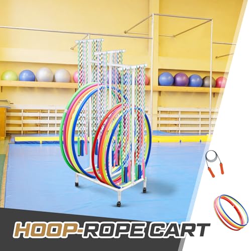 Duraaamo PVC Hoop Cart Plastic Jump Rope Rack with Wheels Movable Hoop and Rope Holder PE Equipment Stand for Storage Indoor Outdoor Sports Elementary School Gear, 28 x 18 x 69 Inch
