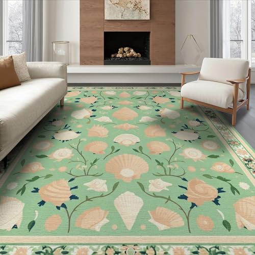 6'x9' Washable Beachy Floral Area Rug, Cream Non-Shedding Pet Friendly Room Rug Foldable Easy Care Carpet for Queen Size Bedroom, Under Bed, Master Suite | Ref:1952456 - color: Green/Pattern 2, size: 6' x 9' (Rectangular)