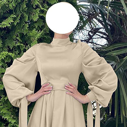 OBEEII Muslim Dress for Women Loose Full Cover Long Abaya Satin Dress Kaftan Abayas Islamic Robe S-XXL - color: Beige, size: Medium