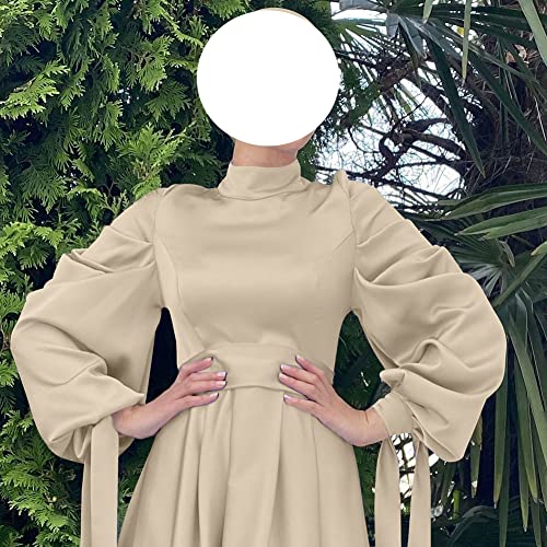 OBEEII Muslim Dress for Women Loose Full Cover Long Abaya Satin Dress Kaftan Abayas Islamic Robe S-XXL - color: Beige, size: XX-Large