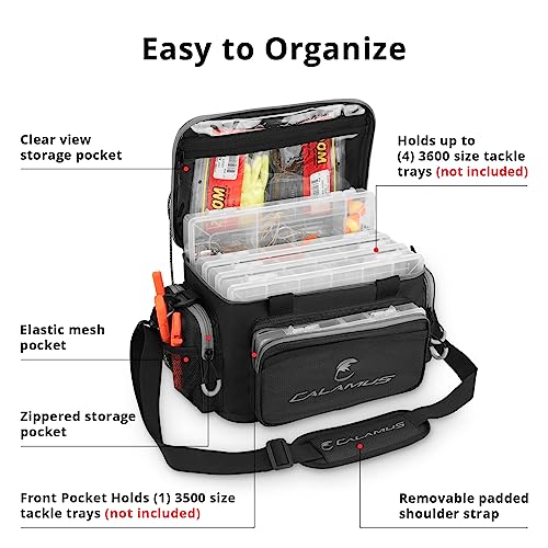 Calamus TB61 Fishing Tackle Bag, Fishing Gear, Gifts for Angler, Black | Saltwater & Freshwater Fishing Bags, Rip-Stop PE, Padded Shoulder Strap, Pliers Storage, Easy to Organize, Functional Design - color: D：Black(without trays)-14.3*9*7.5 inches
