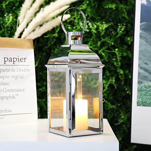 JHY DESIGN Silver Decorative Lanterns 12.5''High Stainless Steel Candle Lanterns with Tempered Glass for Indoor Outdoor Events Parities and Weddings Vintage Style Hanging Lamps - color: Silver