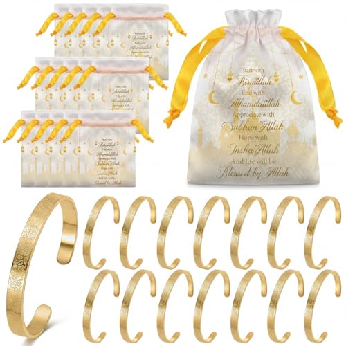 Tondiamo 15/30 Set Eid Al-adha Ayatul Kursi Bracelets Bulk Ramadan Eid Mubarak Gifts for Women Muslim Quran Allah Bangle Arabic Calligraphy Cuff Bracelet Islamic Jewelry with Bag for Party