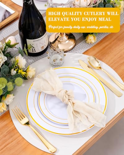 Supernal 60PCS Gold Plastic Dinnerware Set (Service for 12 Guests) - Heavy Duty White Gold Plates with Disposable Silverware for Graduation Party, Summer Wedding, BBQ & Birthday - color: 60pcs White and Gold Plastic Dinnerware set