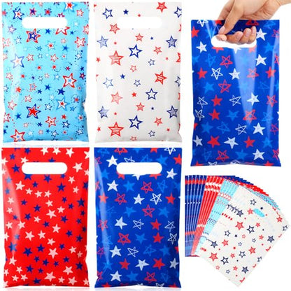 Geyoga 100 Pcs Patriotic Party Favor Bags Bulk 10 x 6 4th of July Gift Bags with Handles Red White Blue Treat Bag 250th Anniversary Plastic USA Flag Candy Bag for Independence Day Party Supplies - style: Independence Day