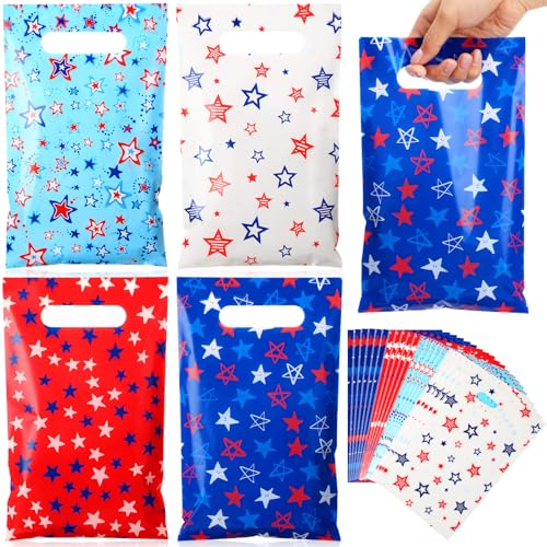 Geyoga 100 Pcs Patriotic Party Favor Bags Bulk 10 x 6 4th of July Gift Bags with Handles Red White Blue Treat Bag 250th Anniversary Plastic USA Flag Candy Bag for Independence Day Party Supplies - style: Independence Day