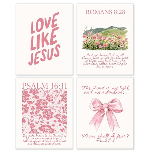 BESERH Pink Christian Wall Decor, Preppy Religious Wall Art Prints, Coquette Floral Bible Verses Scripture Posters for Home Girls Room Dorm Apartment, 8x10 Inches Set of 4 Unframed - color: Christian-A