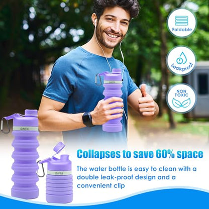 ONTA Collapsible BPA Free Silicone Water Bottle, 20oz - Portable, Leakproof, Easy Clean, Shatter Resistant, Travel Friendly - color: Purple, size: 18.6 Ounces