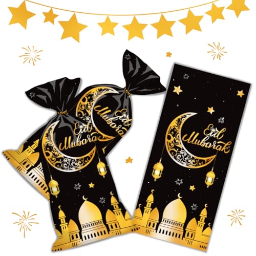 BURBOHUG 50 Pack Ramadan Goodie Bags Eid Mubarak Muslim Castle Moon Star Cellophane Bags for Party Favor Decoration (10.8'' X 4.9'')