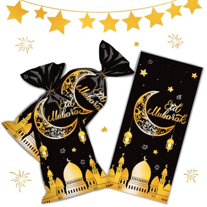 BURBOHUG 50 Pack Ramadan Goodie Bags Eid Mubarak Muslim Castle Moon Star Cellophane Bags for Party Favor Decoration (10.8'' X 4.9'')