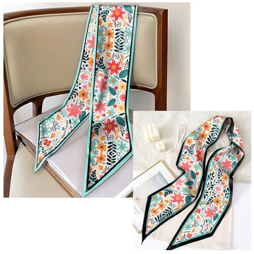 Head Hair Scarf Neck Silk Feeling Scarves Long Thin Satin Fashion Handbag Cute Decoration Women Girls 59 * 6.7'' - color: O-10-red Flower