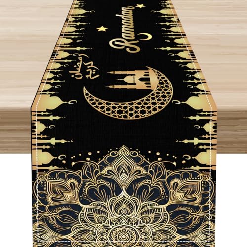 Ramadan Table Runner,Eid Mubarak Mosque Muslim Islamic Golden Moon Mandala Religious Table Center Decor for Kitchen Family Holiday Party Indoor Outdoor, 13"x36" - color: Ramadan-3, size: 13"X36"