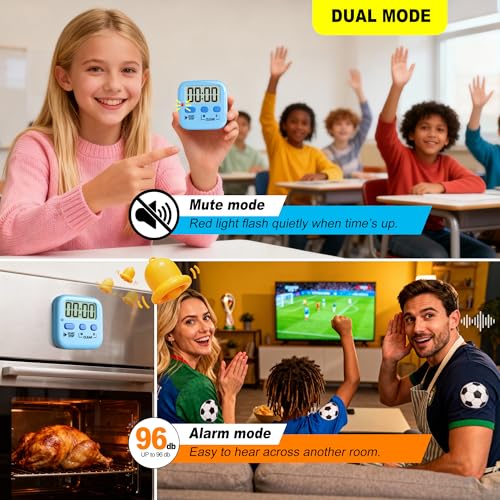 2 Pack Digital Timer for Kids Classroom Kitchen Timers for Cooking | w/ Battery, Easy to View, Alarm, Mute Mode, Count Down/Up, Magnetic, Kickstand, Hanging, Classroom Timer for Teacher Supplies - color: Clear Blue