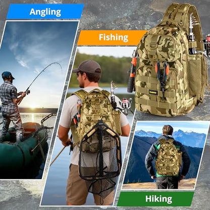 PLUSINNO Fishing Gear,Fsihing Backpack with Floating Fishing Net,Tackle Boxes,Waterproof Fishing Tackle Bag,Fishing Gifts for Men - color: Khaki Camo Backpack With Fishing Net