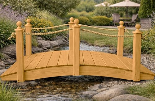 6 FT Oak Amish Rope Rail Garden Bridge, Pinewood - size: 6 FT Bridge & Rope