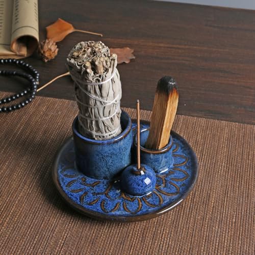 4-in-1 Ceramic Incense Burner Holder for Sticks/Palo Santo/Sage/Candle - color: Navy