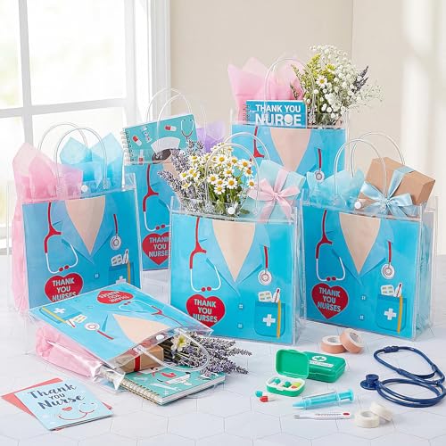Aliceset 24 Pcs Nurses Week Gift Bags Bulk Clear PVC Thank You Nurse Gift Bags with Handles for Nursing Graduation Hospital Staff, Medical Assistant Appreciation CNA Week, 6.31"x 5.91"x 3.15" - style: Thank You Nurses