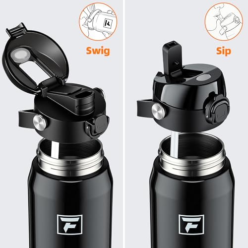 Fanhaw 24 oz Insulated Stainless Steel Water Bottle with 2-in-1 Straw& Chug Lid, Leakproof Wide Mouth Vacuum Bottle for School, Sports, Kids, Teens& Adults, Back to School Essentials (Glossy Black) - color: Glossy Black