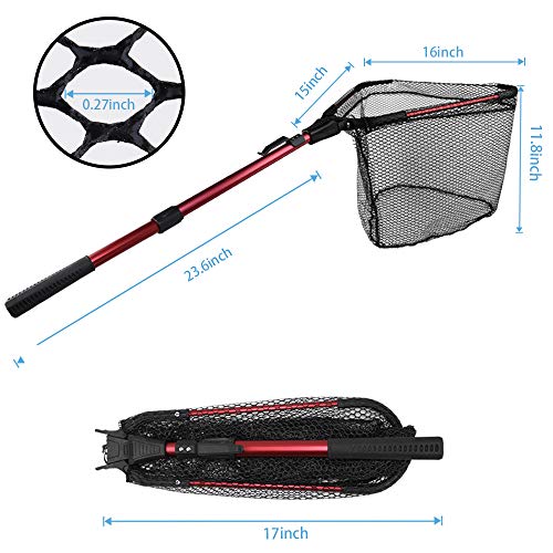 YVLEEN Folding Fishing Net - Foldable Fish Landing Net Robust Aluminum Telescopic Pole Handle and Nylon Mesh 16inch Hoop Size - color: D:16”/40cm Hoop Size (Telescopic Handle) Red