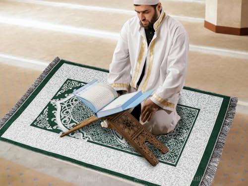 Anlising Muslim Prayer Mat, Islamic Prayer Carpet Mat, 27.5" x 43.3", Green, Modern Geometric Pattern, Machine Made, Indoor Use, Spot Clean Only