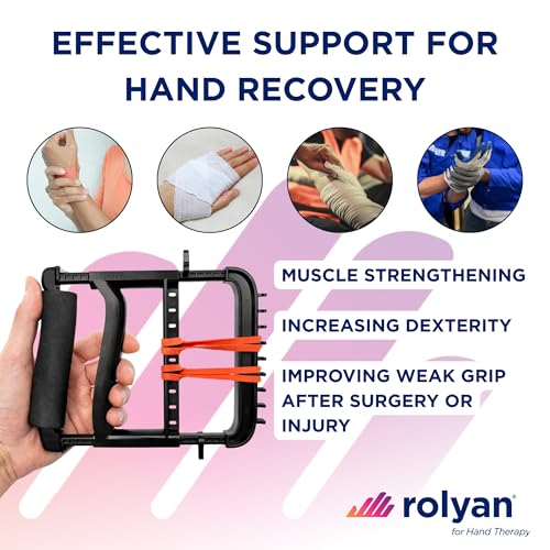 Rolyan Ergonomic Hand Exerciser with Padded Handle, Adjustable Squeeze Tool, 4 Pairs of Rubber Bands for Progressive Resistance, Improves Hand Grip Strength in Fingers, Hand, & Thumb, Black - color: Black, style: Padded Handle