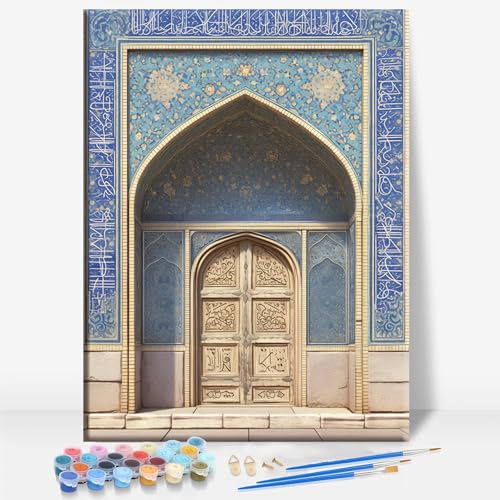 Aeontinity Blue GATE of The Mosque Islam Framed Canvas DIY Paint by Numbers Kit Bar Cafe Cave Home Room Wall Bathroom Porch Patio Decor Gift, 16 x 12 Inch - color: BLUE GATE OF THE MOSQUE