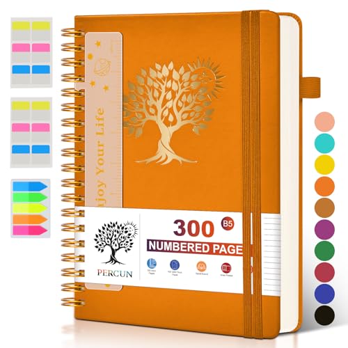 PERCUN Large Spiral Notebook Journal for Women Men - 300 Numbered Lined Pages, College Ruled,B5 Hardcover Spiral Bound Notebook for School, Work, Note Taking, Writing, Leather Spiral Journal 7"x10" - color: Orange, size: B5 size (7in x 10in)