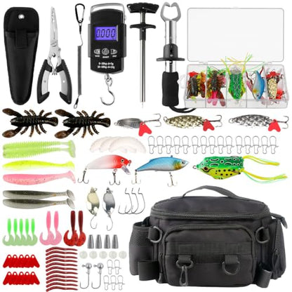 mouhike 113Pcs Fishing Tool Kit, Fishing Bag, Fishing Pliers Hook Remover, Fish Lip Gripper, Fishing Lures Hook Tackle Box, Handheld Digital Scale, Ice Fly Fishing Gear Accessories Set Fishermen Gift - color: Black