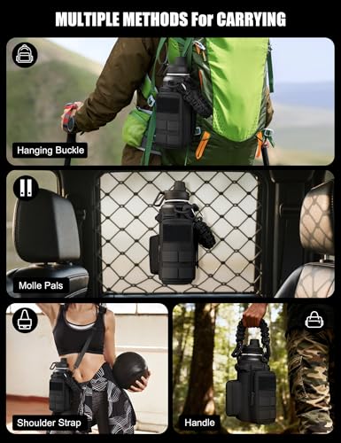 Tactical Water Bottle with Straw, 32 Oz Insulated Water Jug with Molle Water Bottle Holder, Stainless Steel Sport Bottle with 2 BPA Free Lids for Gym Workout Hiking (32oz-Black) - color: 32oz-Black