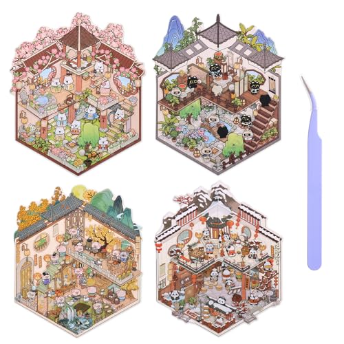 Girls 3D Miniature Scene Stickers, 4 Sets Chinese Courtyard DIY House Stickers for Lunar New Year, Spring, Summer, Auturn, Cute 3D Cartoon Sticker Scenes for Adult Kids Relief Stress Pass The Time - style: Chinese Style