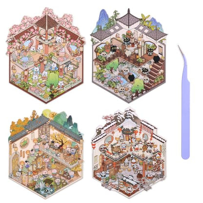 Girls 3D Miniature Scene Stickers, 4 Sets Chinese Courtyard DIY House Stickers for Lunar New Year, Spring, Summer, Auturn, Cute 3D Cartoon Sticker Scenes for Adult Kids Relief Stress Pass The Time - style: Chinese Style