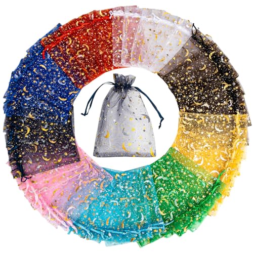 Sukh 100pcs Organza Bags 4"x6" - Moon Star Small Mesh Drawstring Gift Bags - color: Halloween, size: 100 Count (4 x 6 Inches)