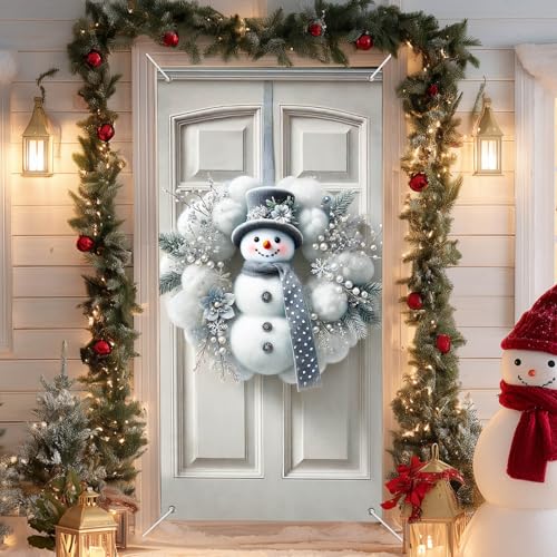 IVN Winter Door Cover 71x35 Inch Holiday Front Porch Door Banners Decoration Winter Snowman Silver White Berries Pine Garland for Sign Background Holiday Party Indoor Outdoor Decor - color: White and Green