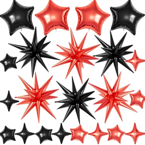 22 Pcs Star Balloons,22/18/10 Inch Star Foil Mylar Balloon,Spike Balloons and Four Pointed Balloon for Party Supplies Christmas Birthday Wedding Photo Booth (Black Red) - color: Black Red