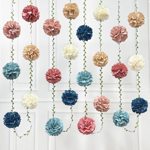 Dusty Rose Pink Blue Khaki Beige Tissue Paper Flowers Pom Pom with Leaf Ribbon Hanging Garland Streamer for Birthday Wedding He or She Pink or Blue Themed Party Decorations Supplies - color: dusty blue pink