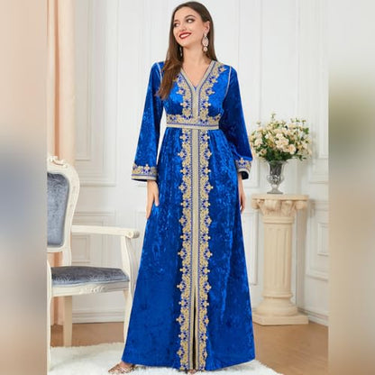 IDOPIP Muslim Women Velvet Dress Embroidery Abayas Long Sleeve V-Neck Moroccan Maxi Kaftan Dubai Robe Arabic Islamic Clothing - color: Royal Blue, size: Medium
