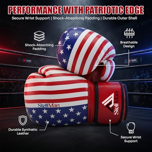 Boxing Gloves USA Flag Design for Men & Women 8oz-12oz – Muay Thai MMA Kickboxing Pro Training Sparring Gloves with Hook and Loop Wrist Support and Ventilation - size: 12 OZ