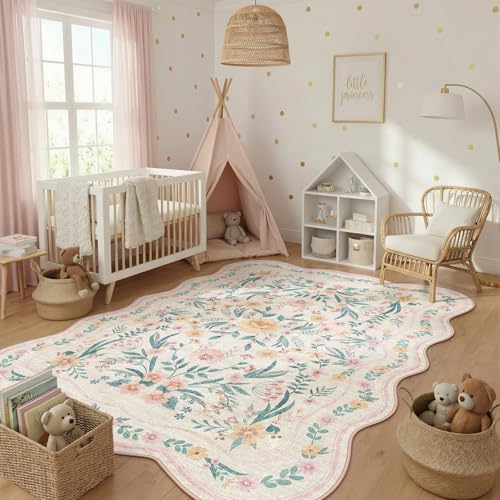 Scalloped Rug for Living Room, 5x8 Pink Floral Rug for Girls Dorm, Washable Rugs Soft Low Pile Non Slip Rugs for Nursery College Bedroom Decor Kids Room Playroom - color: Pink Scalloped, size: 5' x 8' (Rectangular)