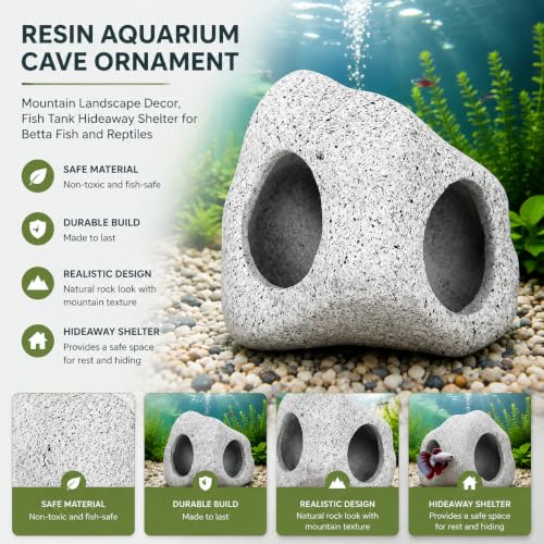 Ceramic Aquarium Rock Cave Decor, Medium, Fish Tank Hideout Ornament for Betta, Shrimp and Cichlids
