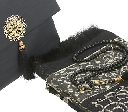 Prien Muslim Prayer Rug with Tasbih and Portable Bag, Muslim Gift for Women Men, Mubarak Islamic Box, Soft Mat Islam Gifts Set, Turkish Sajadah for Ramadan, Eid, Hajj, Travel, Pray (Black) - color: Black