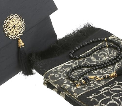 Prien Muslim Prayer Rug with Tasbih and Portable Bag, Muslim Gift for Women Men, Mubarak Islamic Box, Soft Mat Islam Gifts Set, Turkish Sajadah for Ramadan, Eid, Hajj, Travel, Pray (Black) - color: Black