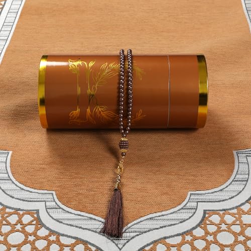 Islamic Prayer Rug Elegant Masjid Pattern Thin Mat Muslim Portable Blanket with Beads Ramadan Eid Gift Rug Turkish Prayer Carpet - color: Setc Khaki